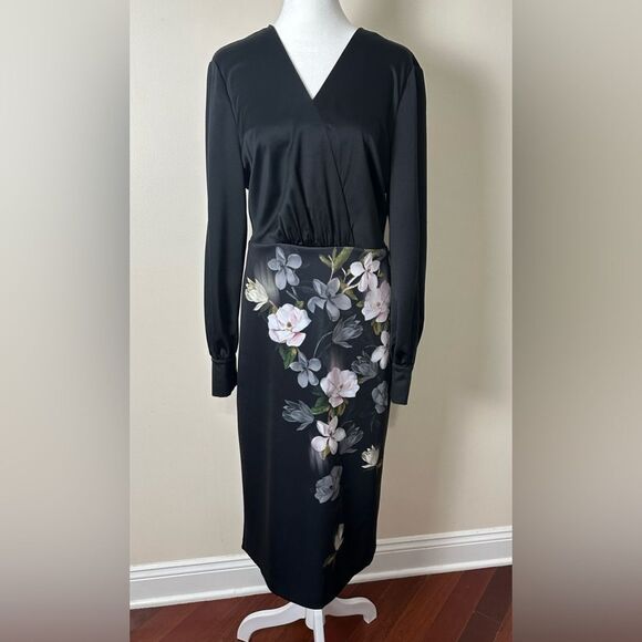 Ted Baker 5/14 Opal Alithea Black Floral V Neck Long Sleeve Bodycon Midi Dress - Picture 4 of 13